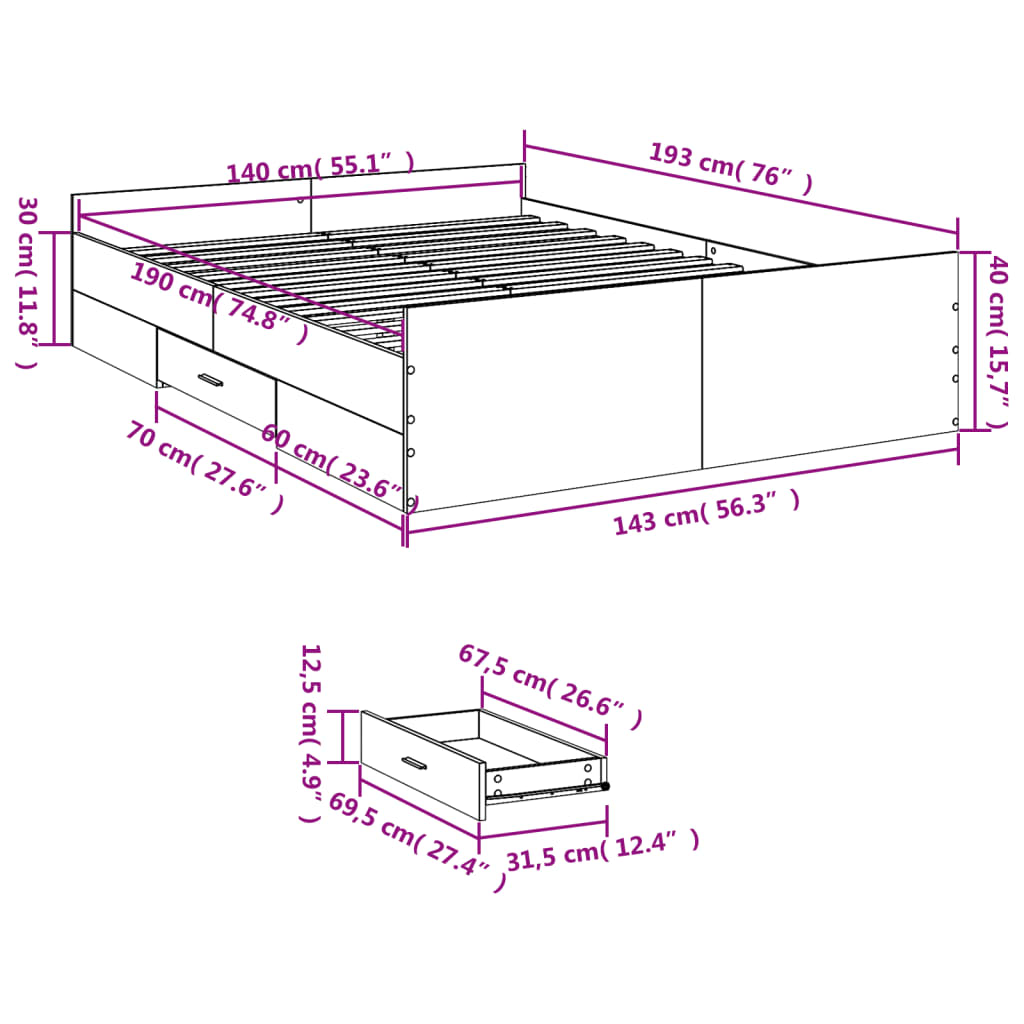 Bedframe met lades bewerkt hout sonoma eikenkleurig 140x190 cm Bedden & bedframes | Creëer jouw Trendy Thuis | Gratis bezorgd & Retour | Trendy.nl