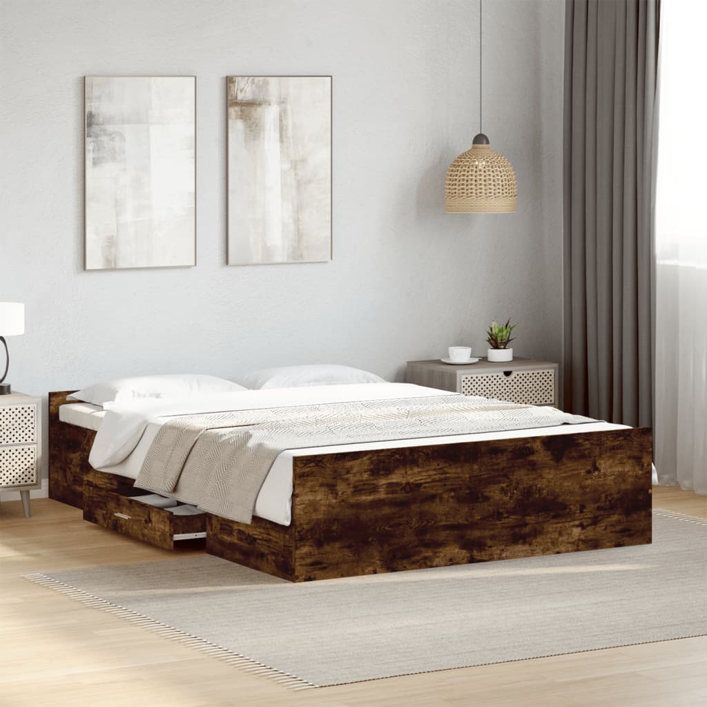 Bedframe met lades bewerkt hout gerookt eikenkleurig 135x190 cm Bedden & bedframes | Creëer jouw Trendy Thuis | Gratis bezorgd & Retour | Trendy.nl