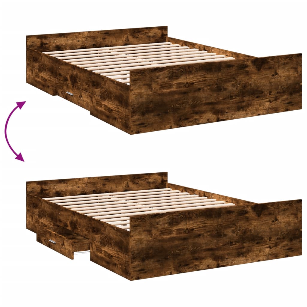 Bedframe met lades bewerkt hout gerookt eikenkleurig 135x190 cm Bedden & bedframes | Creëer jouw Trendy Thuis | Gratis bezorgd & Retour | Trendy.nl