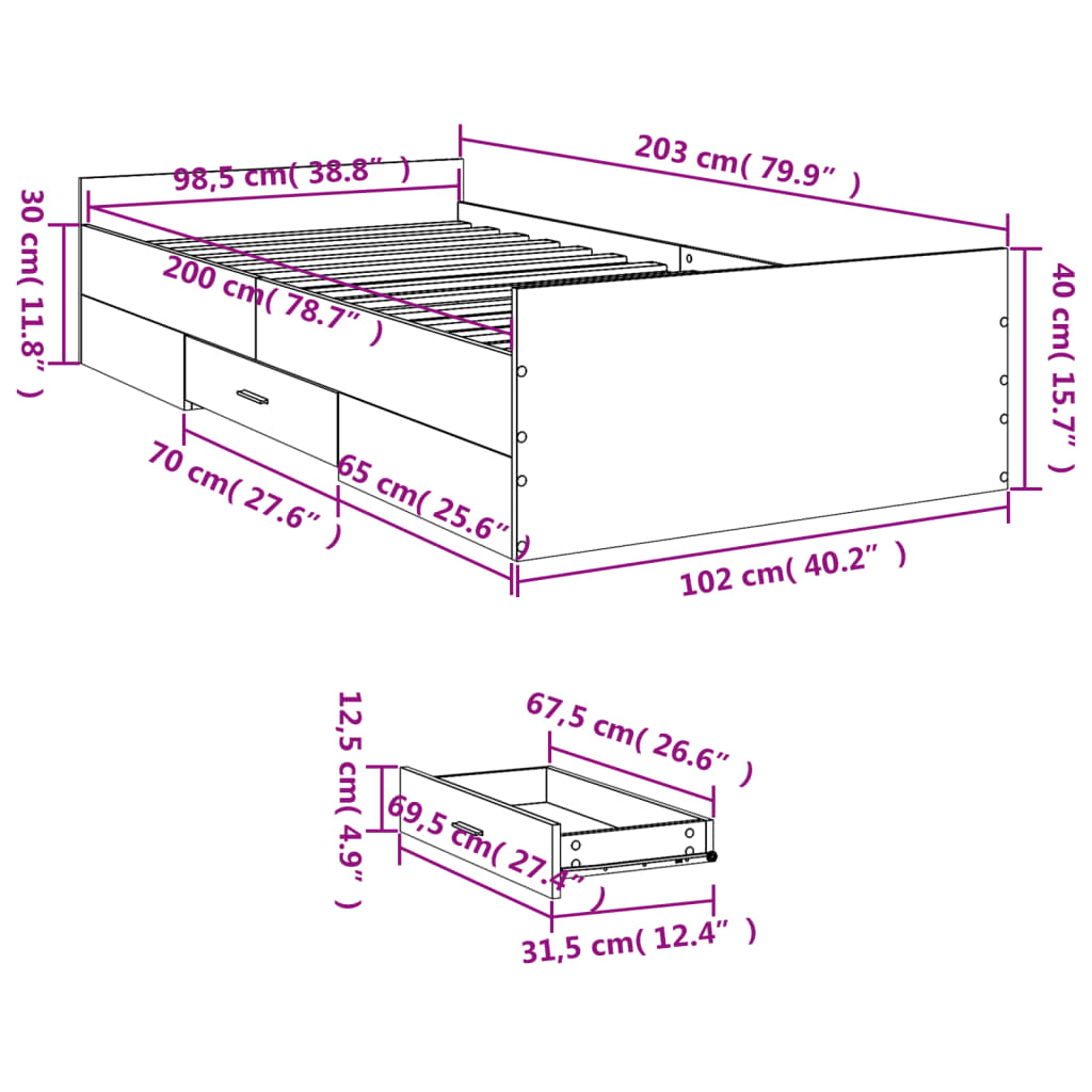 Bedframe met lades bewerkt hout betongrijs 100x200 cm Bedden & bedframes | Creëer jouw Trendy Thuis | Gratis bezorgd & Retour | Trendy.nl