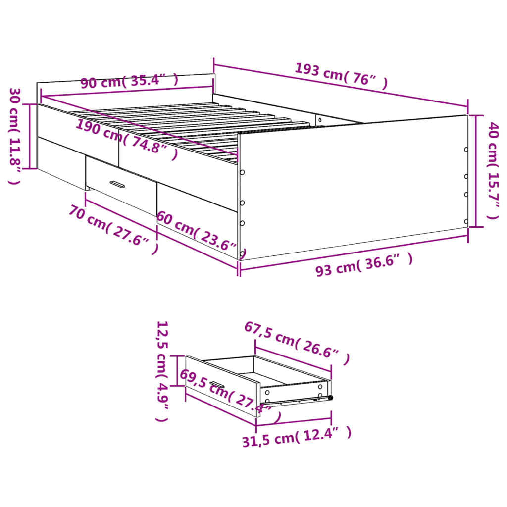 Bedframe met lades bewerkt hout wit 90x190 cm Bedden & bedframes | Creëer jouw Trendy Thuis | Gratis bezorgd & Retour | Trendy.nl