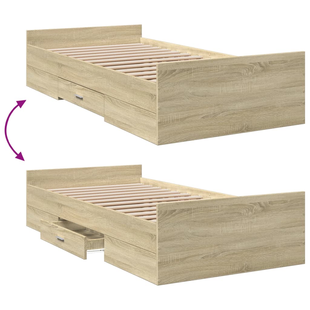 Bedframe met lades bewerkt hout sonoma eikenkleurig 90x190 cm Bedden & bedframes | Creëer jouw Trendy Thuis | Gratis bezorgd & Retour | Trendy.nl