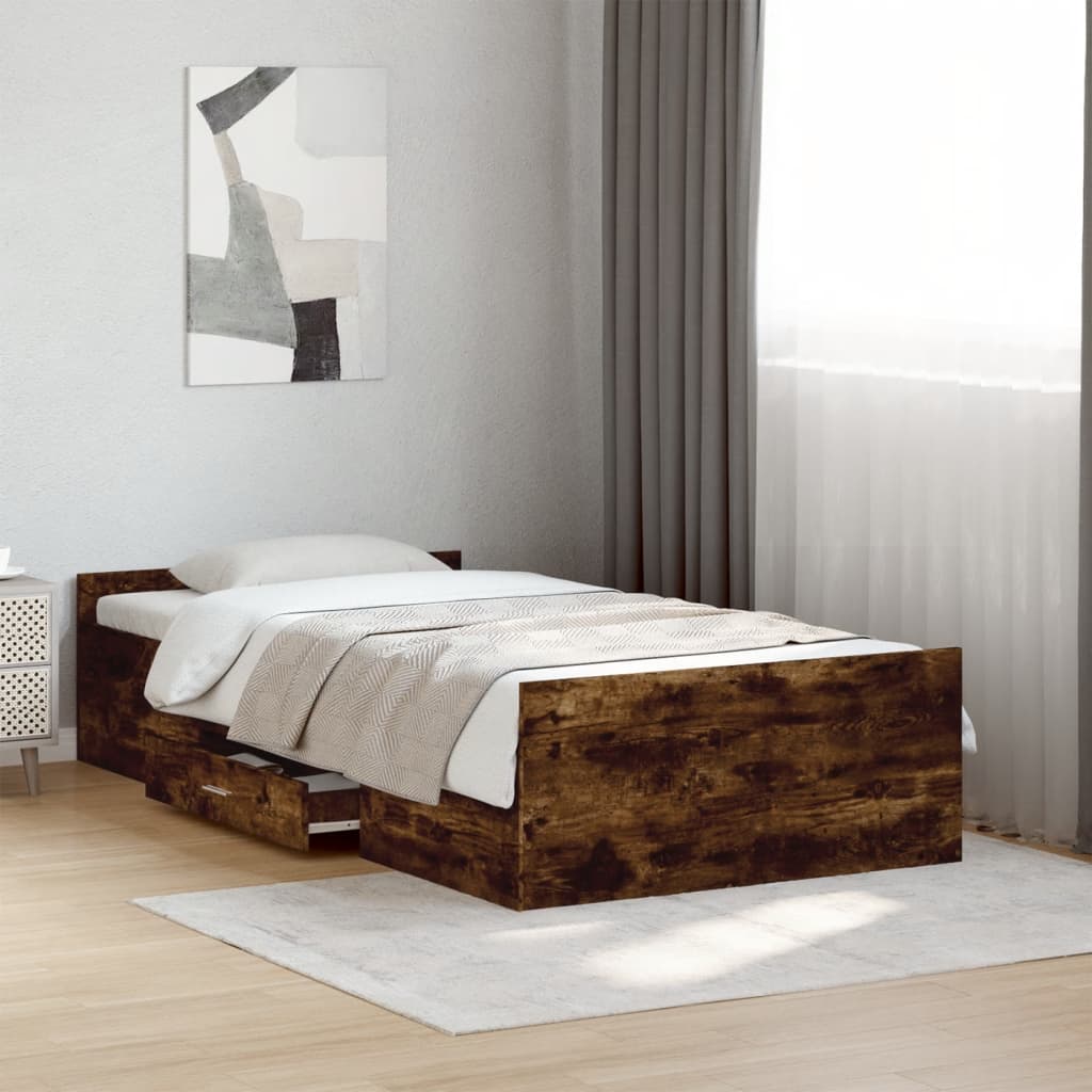 Bedframe met lades bewerkt hout gerookt eikenkleurig 90x190 cm Bedden & bedframes | Creëer jouw Trendy Thuis | Gratis bezorgd & Retour | Trendy.nl