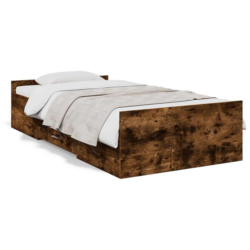 Bedframe met lades bewerkt hout gerookt eikenkleurig 90x190 cm Bedden & bedframes | Creëer jouw Trendy Thuis | Gratis bezorgd & Retour | Trendy.nl