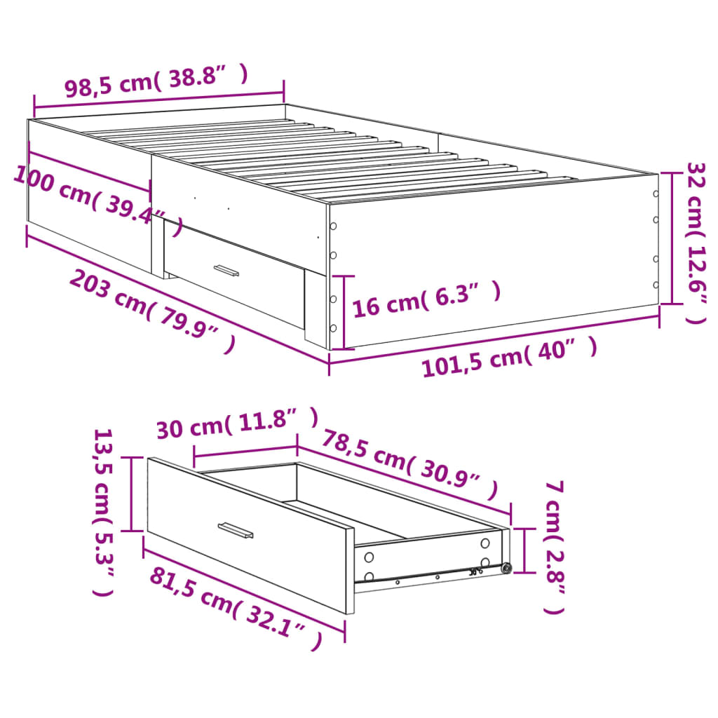 Bedframe met lades bewerkt hout betongrijs 100x200 cm Bedden & bedframes | Creëer jouw Trendy Thuis | Gratis bezorgd & Retour | Trendy.nl