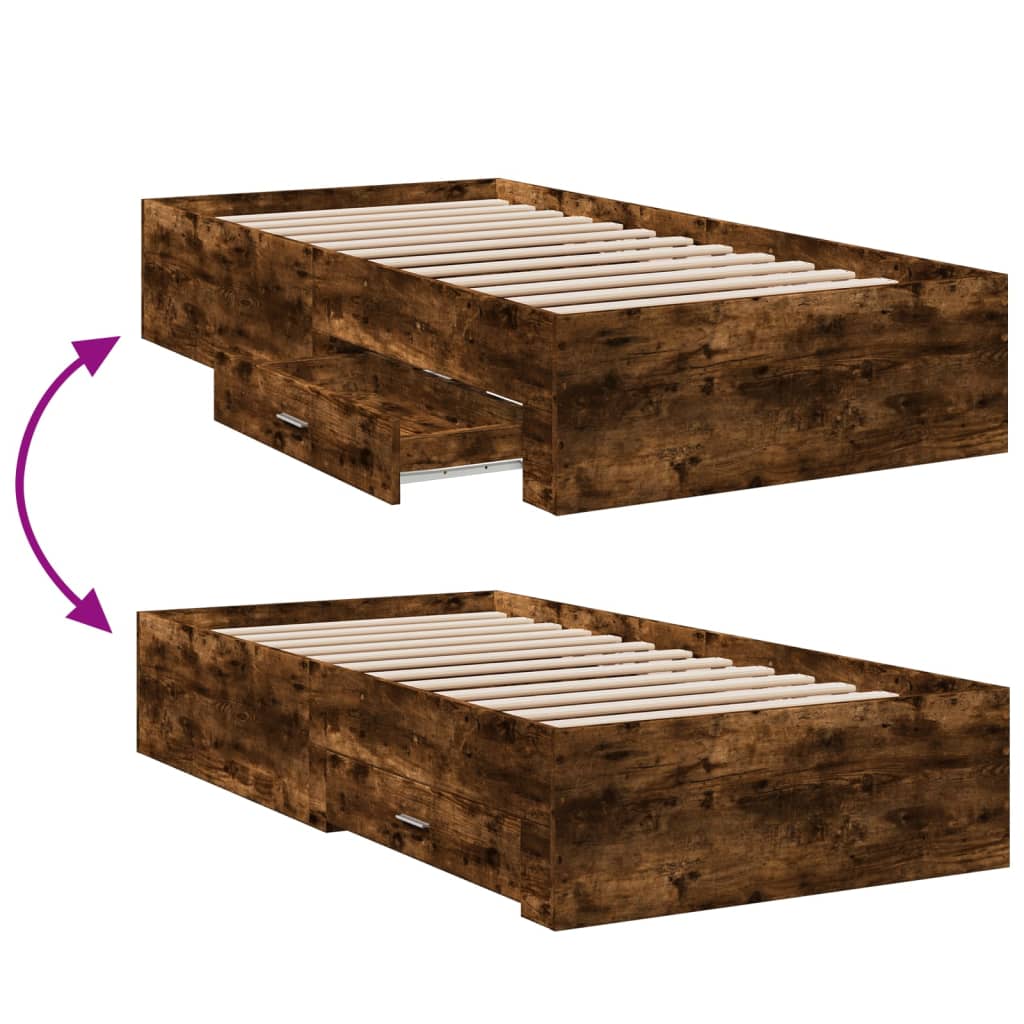 Bedframe met lades bewerkt hout gerookt eikenkleurig 90x190 cm Bedden & bedframes | Creëer jouw Trendy Thuis | Gratis bezorgd & Retour | Trendy.nl