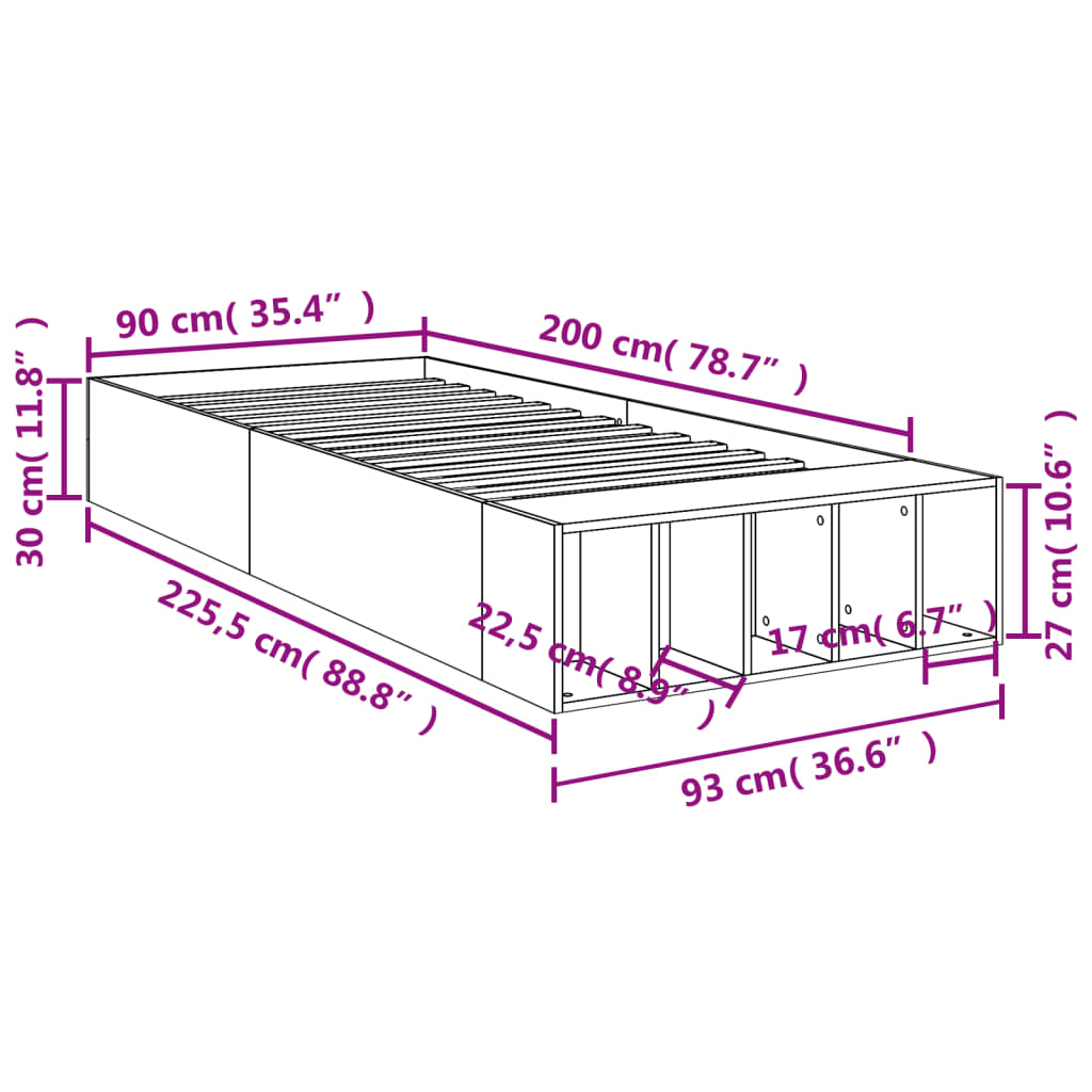 Bedframe bewerkt hout grijs sonoma eikenkleurig 90x200 cm Bedden & bedframes | Creëer jouw Trendy Thuis | Gratis bezorgd & Retour | Trendy.nl