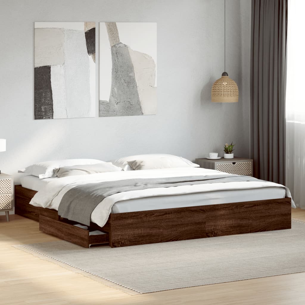 Bedframe met lades bewerkt hout bruin eikenkleurig 200x200 cm Bedden & bedframes | Creëer jouw Trendy Thuis | Gratis bezorgd & Retour | Trendy.nl