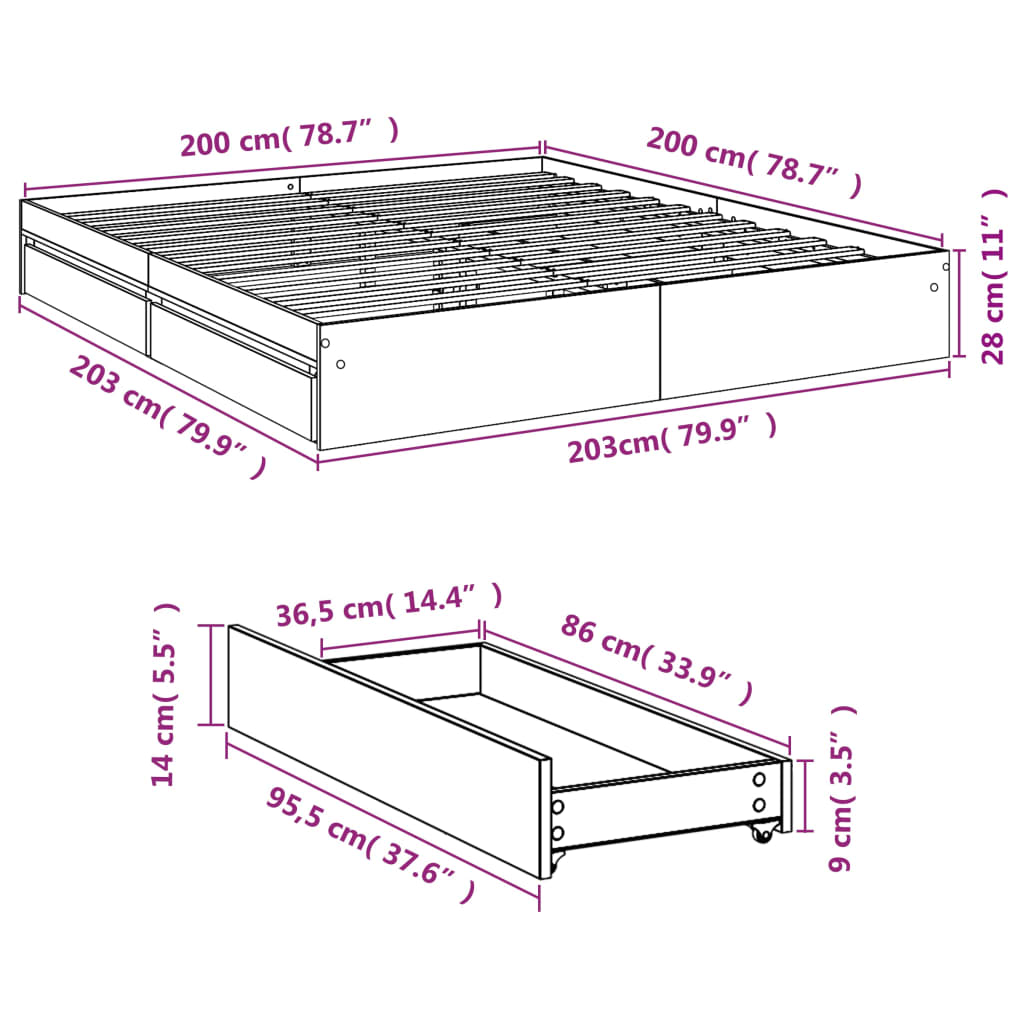 Bedframe met lades bewerkt hout bruin eikenkleurig 200x200 cm Bedden & bedframes | Creëer jouw Trendy Thuis | Gratis bezorgd & Retour | Trendy.nl