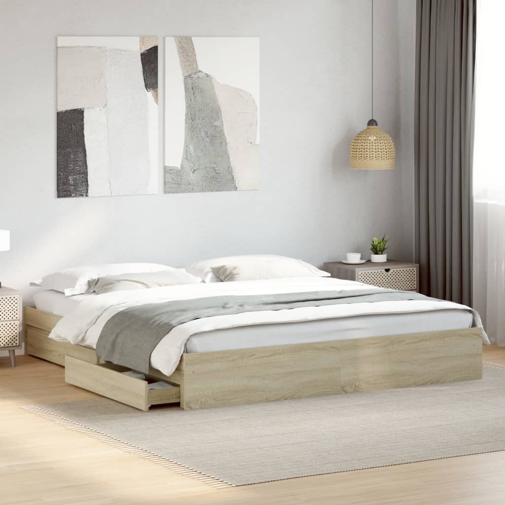 Bedframe met lades bewerkt hout sonoma eikenkleurig 180x200 cm Bedden & bedframes | Creëer jouw Trendy Thuis | Gratis bezorgd & Retour | Trendy.nl