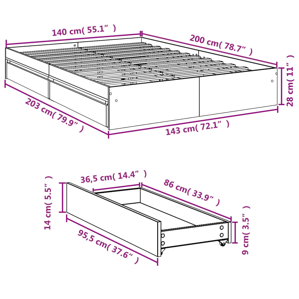 Bedframe met lades bewerkt hout wit 140x200 cm Bedden & bedframes | Creëer jouw Trendy Thuis | Gratis bezorgd & Retour | Trendy.nl