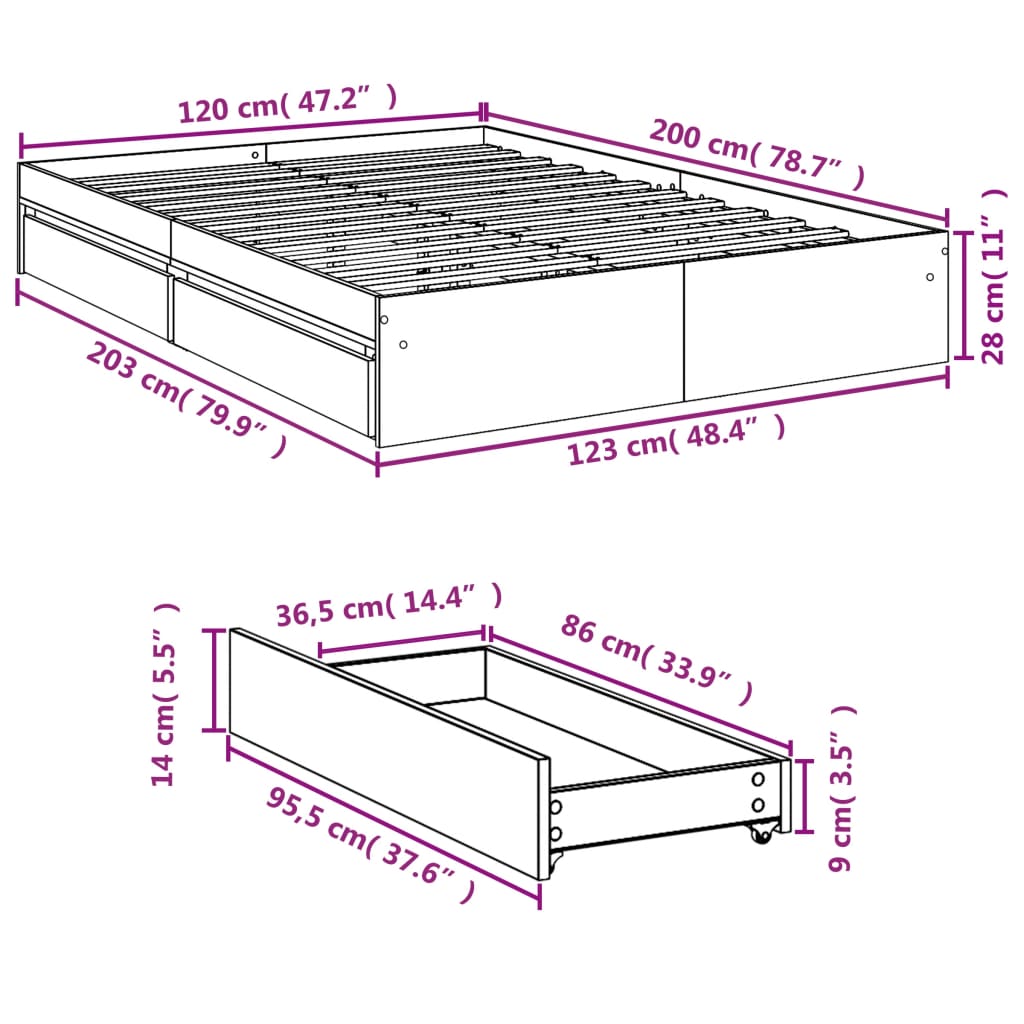 Bedframe met lades bewerkt hout betongrijs 120x200 cm Bedden & bedframes | Creëer jouw Trendy Thuis | Gratis bezorgd & Retour | Trendy.nl