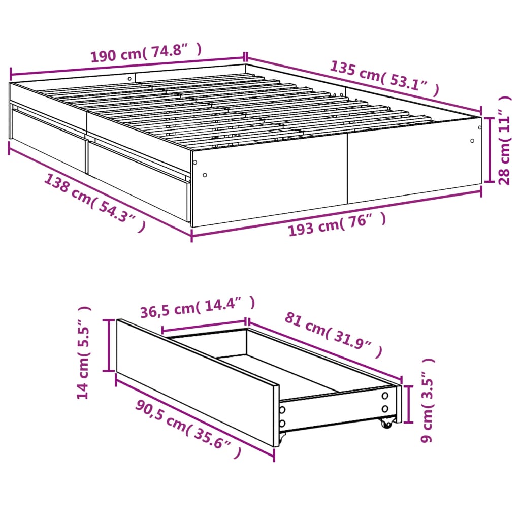 Bedframe met lades bewerkt hout betongrijs 135x190 cm Bedden & bedframes | Creëer jouw Trendy Thuis | Gratis bezorgd & Retour | Trendy.nl