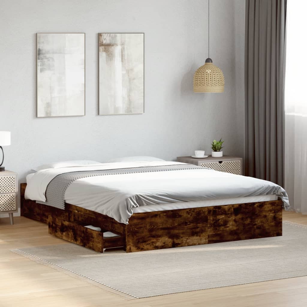 Bedframe met lades bewerkt hout gerookt eikenkleurig 135x190 cm Bedden & bedframes | Creëer jouw Trendy Thuis | Gratis bezorgd & Retour | Trendy.nl