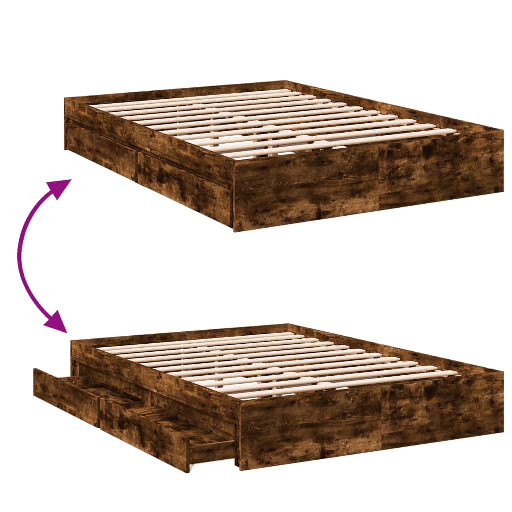 Bedframe met lades bewerkt hout gerookt eikenkleurig 135x190 cm Bedden & bedframes | Creëer jouw Trendy Thuis | Gratis bezorgd & Retour | Trendy.nl