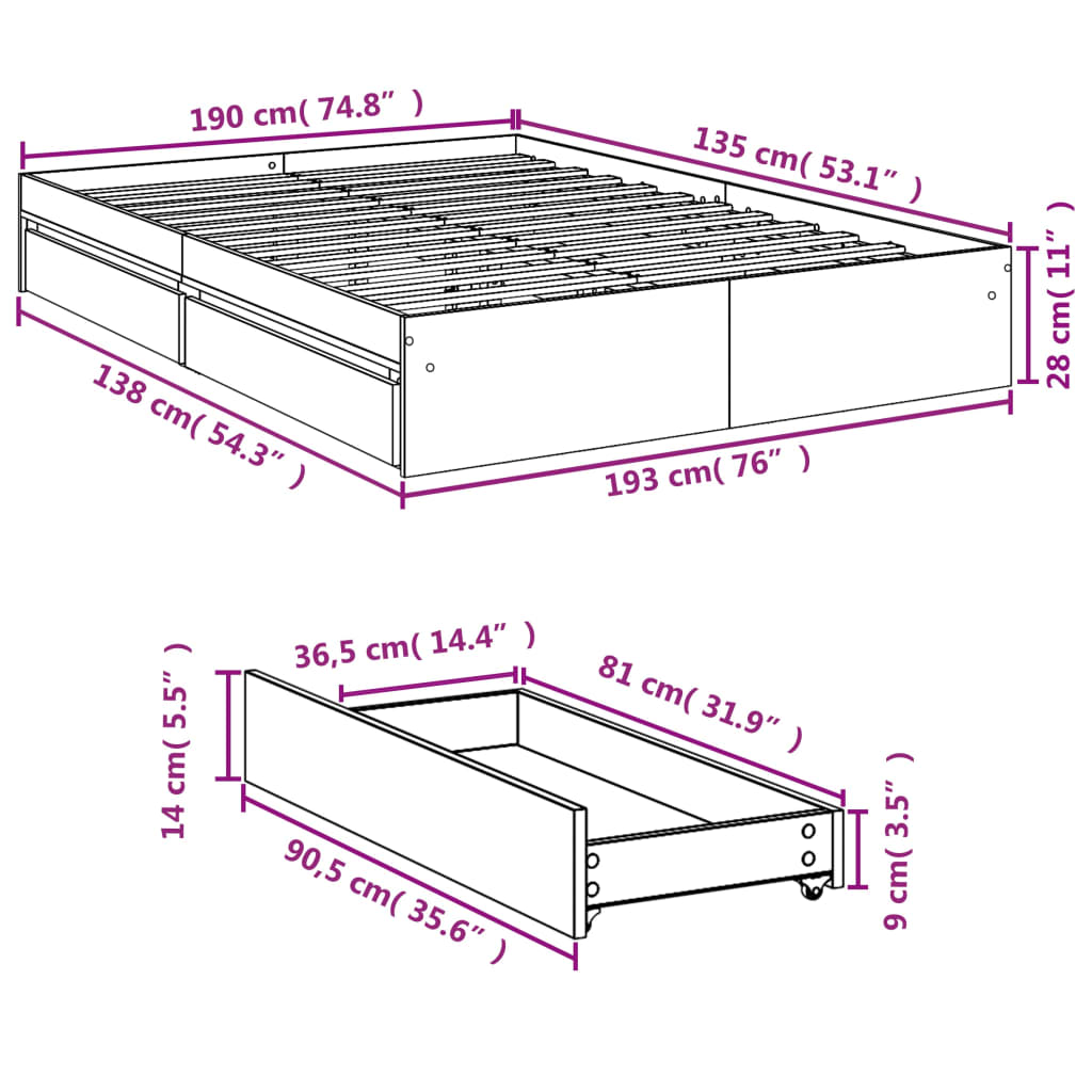 Bedframe met lades bewerkt hout gerookt eikenkleurig 135x190 cm Bedden & bedframes | Creëer jouw Trendy Thuis | Gratis bezorgd & Retour | Trendy.nl