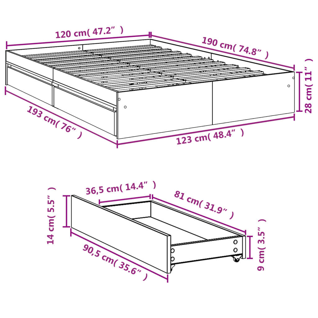 Bedframe met lades bewerkt hout betongrijs 120x190 cm Bedden & bedframes | Creëer jouw Trendy Thuis | Gratis bezorgd & Retour | Trendy.nl