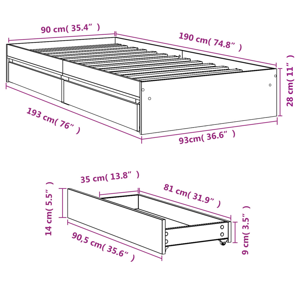 Bedframe met lades bewerkt hout wit 90x190 cm Bedden & bedframes | Creëer jouw Trendy Thuis | Gratis bezorgd & Retour | Trendy.nl