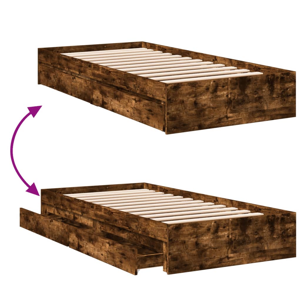 Bedframe met lades bewerkt hout gerookt eikenkleurig 90x190 cm Bedden & bedframes | Creëer jouw Trendy Thuis | Gratis bezorgd & Retour | Trendy.nl