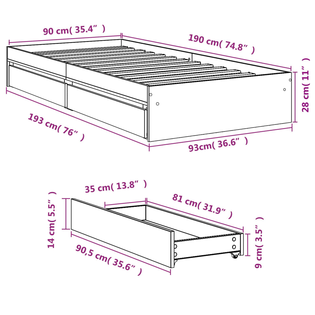 Bedframe met lades bewerkt hout gerookt eikenkleurig 90x190 cm Bedden & bedframes | Creëer jouw Trendy Thuis | Gratis bezorgd & Retour | Trendy.nl