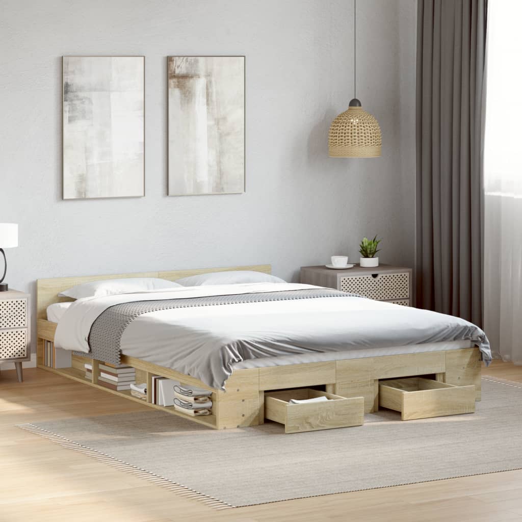 Bedframe met lades bewerkt hout sonoma eikenkleurig 150x200 cm Bedden & bedframes | Creëer jouw Trendy Thuis | Gratis bezorgd & Retour | Trendy.nl