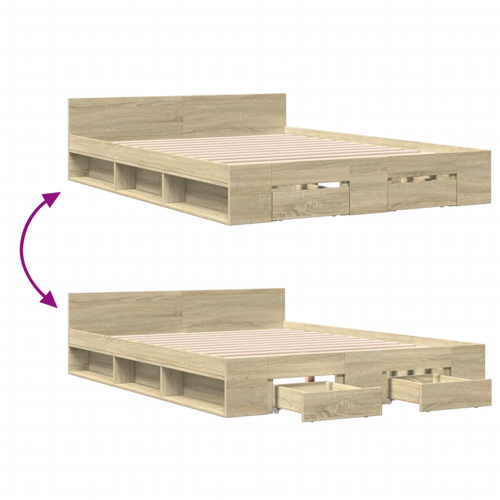 Bedframe met lades bewerkt hout sonoma eikenkleurig 150x200 cm Bedden & bedframes | Creëer jouw Trendy Thuis | Gratis bezorgd & Retour | Trendy.nl