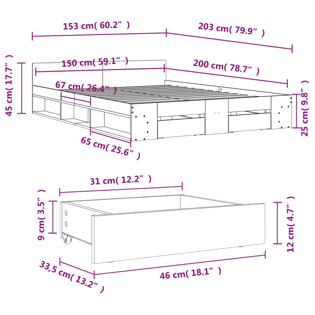 Bedframe met lades bewerkt hout sonoma eikenkleurig 150x200 cm Bedden & bedframes | Creëer jouw Trendy Thuis | Gratis bezorgd & Retour | Trendy.nl