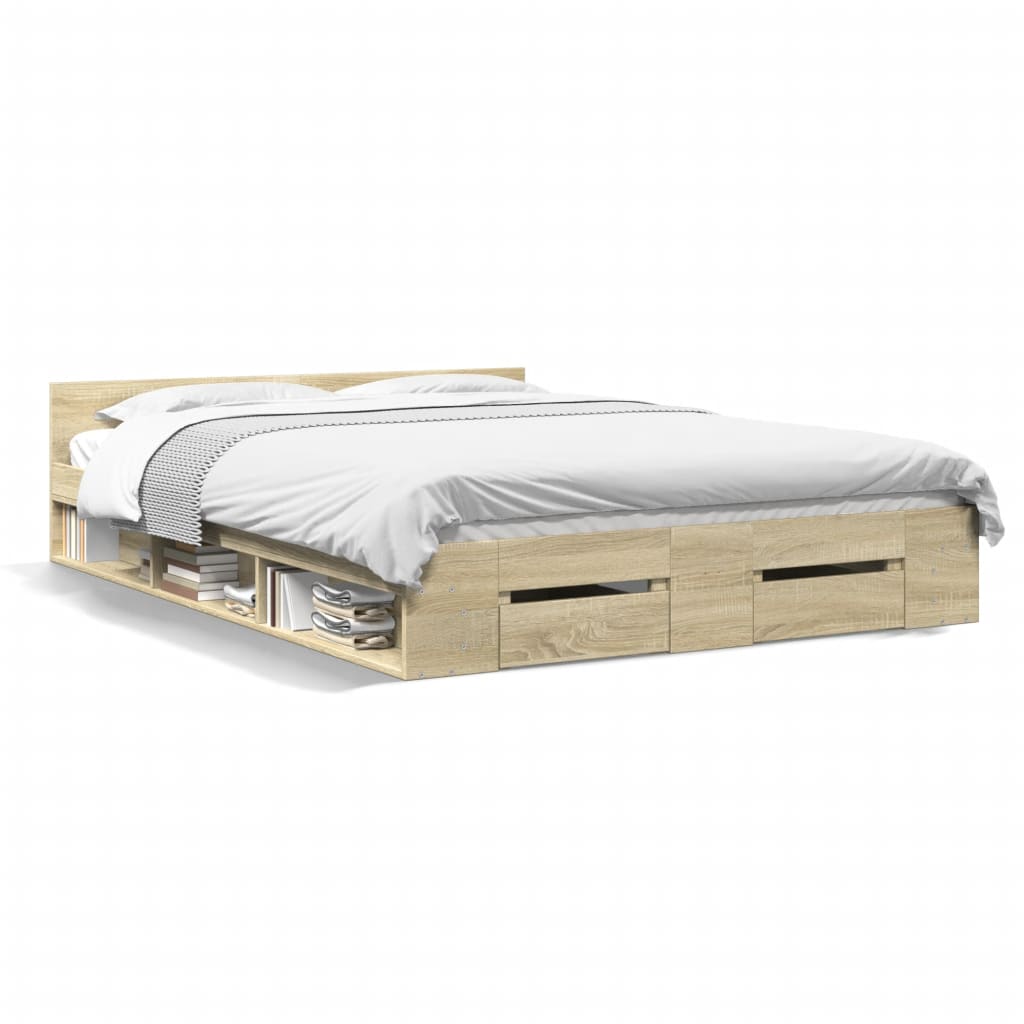 Bedframe met lades bewerkt hout sonoma eikenkleurig 150x200 cm Bedden & bedframes | Creëer jouw Trendy Thuis | Gratis bezorgd & Retour | Trendy.nl