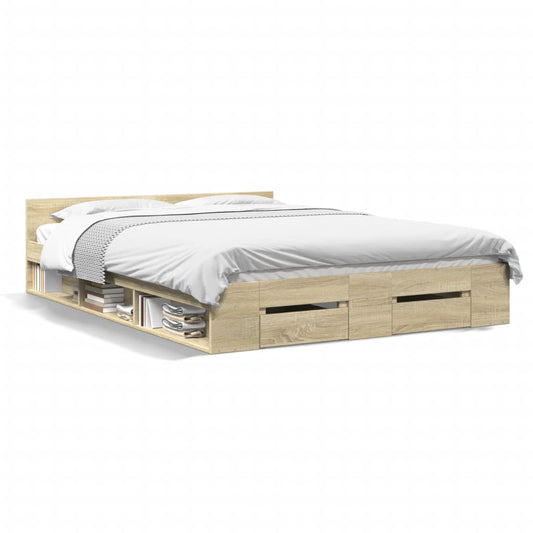 Bedframe met lades bewerkt hout sonoma eikenkleurig 140x200 cm Bedden & bedframes | Creëer jouw Trendy Thuis | Gratis bezorgd & Retour | Trendy.nl