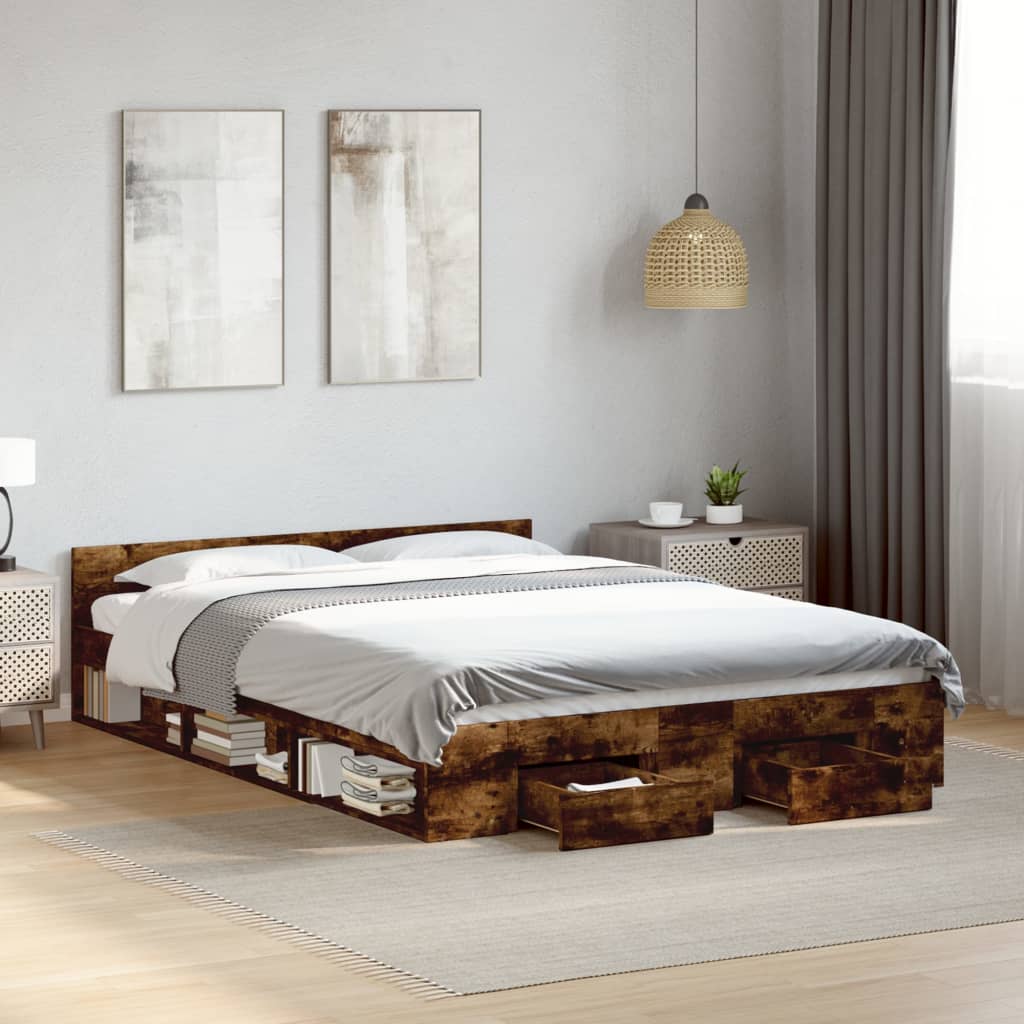 Bedframe met lades bewerkt hout gerookt eikenkleurig 120x200 cm Bedden & bedframes | Creëer jouw Trendy Thuis | Gratis bezorgd & Retour | Trendy.nl