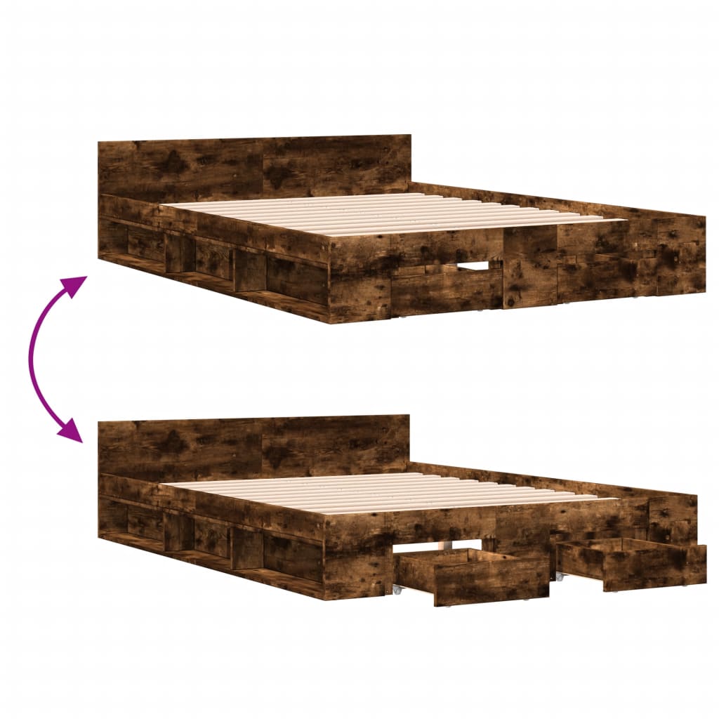 Bedframe met lades bewerkt hout gerookt eikenkleurig 120x200 cm Bedden & bedframes | Creëer jouw Trendy Thuis | Gratis bezorgd & Retour | Trendy.nl