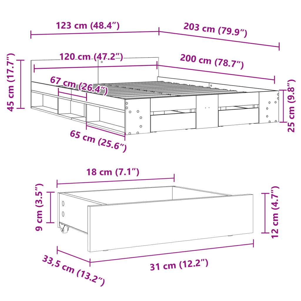 Bedframe met lades bewerkt hout gerookt eikenkleurig 120x200 cm Bedden & bedframes | Creëer jouw Trendy Thuis | Gratis bezorgd & Retour | Trendy.nl