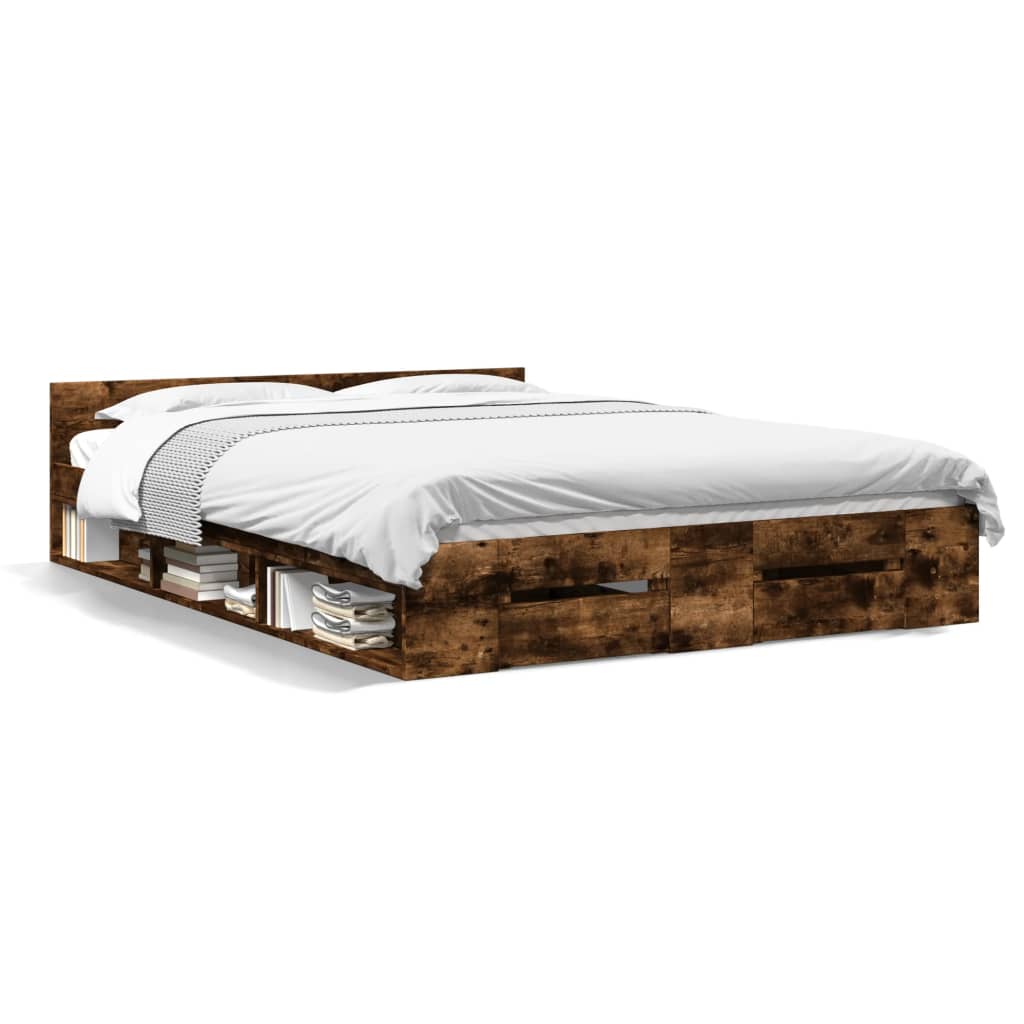 Bedframe met lades bewerkt hout gerookt eikenkleurig 120x200 cm Bedden & bedframes | Creëer jouw Trendy Thuis | Gratis bezorgd & Retour | Trendy.nl