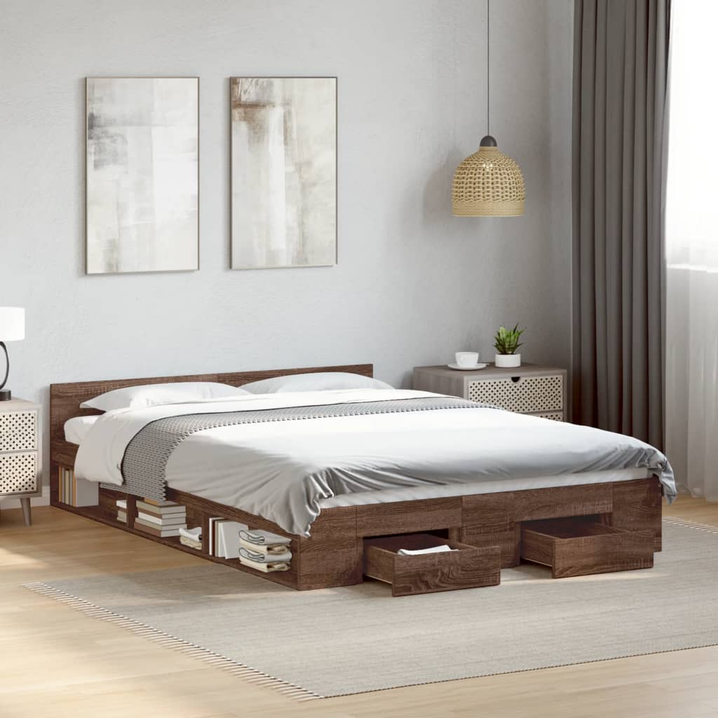 Bedframe met lades bewerkt hout bruin eikenkleurig 120x200 cm Bedden & bedframes | Creëer jouw Trendy Thuis | Gratis bezorgd & Retour | Trendy.nl