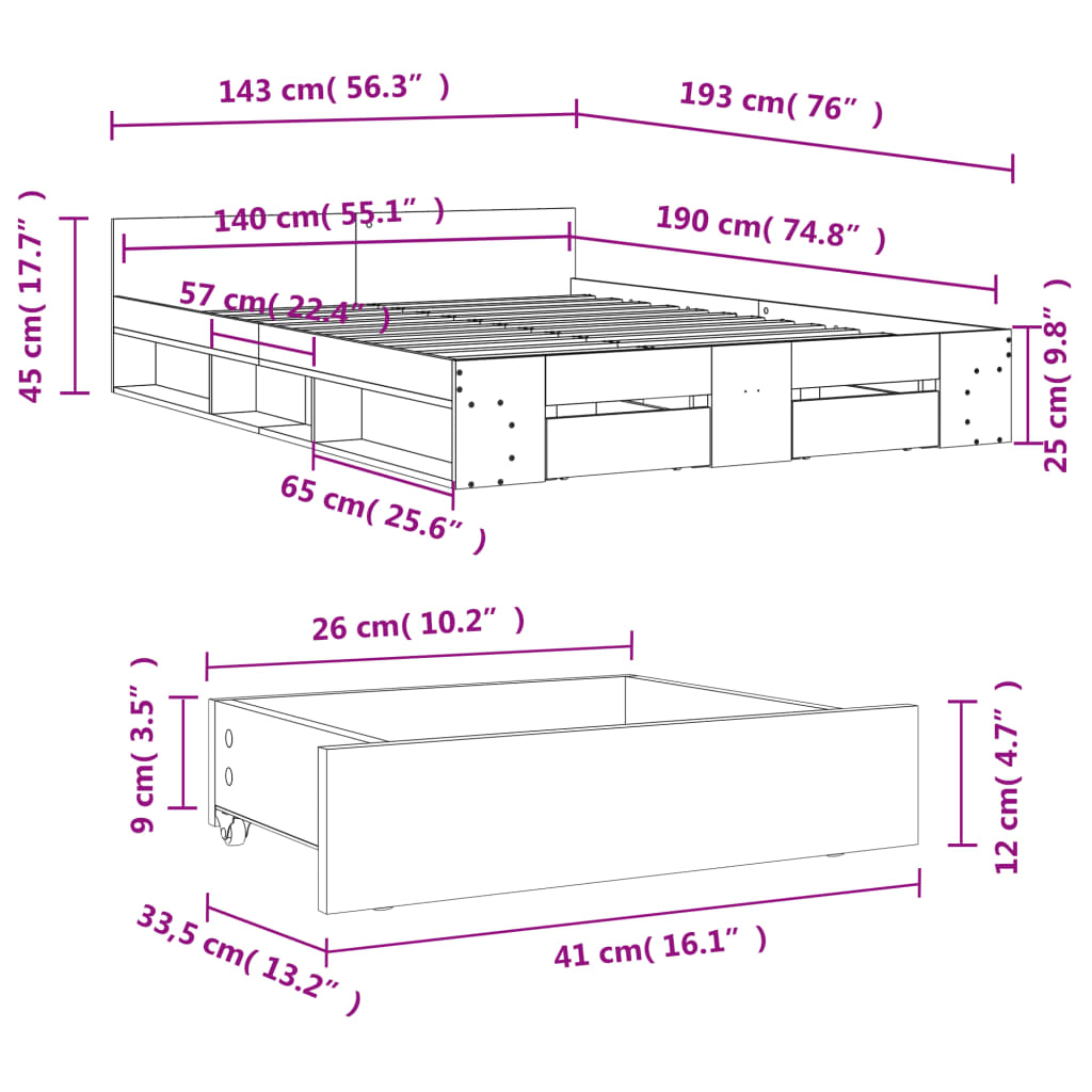 Bedframe met lades bewerkt hout gerookt eikenkleurig 140x190 cm Bedden & bedframes | Creëer jouw Trendy Thuis | Gratis bezorgd & Retour | Trendy.nl