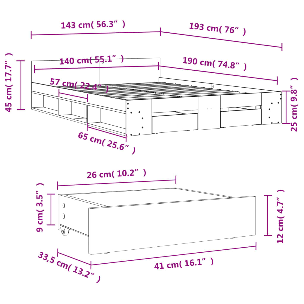 Bedframe met lades bewerkt hout grijs sonoma eiken 140x190 cm Bedden & bedframes | Creëer jouw Trendy Thuis | Gratis bezorgd & Retour | Trendy.nl