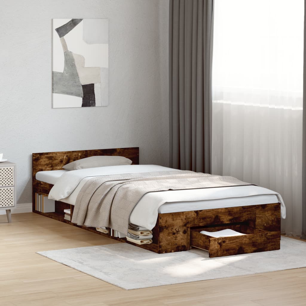 Bedframe met lade bewerkt hout gerookt eikenkleurig 90x190 cm Bedden & bedframes | Creëer jouw Trendy Thuis | Gratis bezorgd & Retour | Trendy.nl