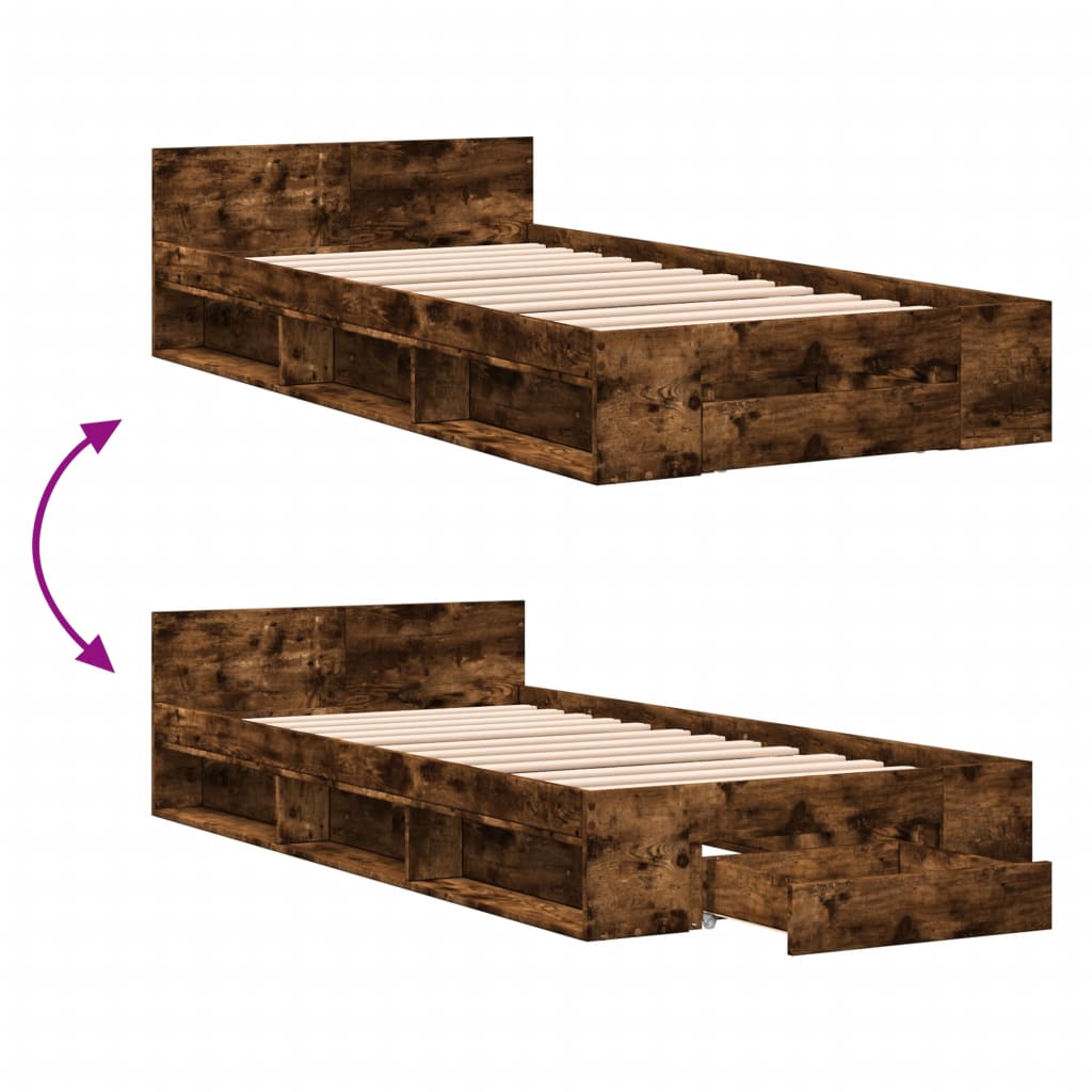 Bedframe met lade bewerkt hout gerookt eikenkleurig 90x190 cm Bedden & bedframes | Creëer jouw Trendy Thuis | Gratis bezorgd & Retour | Trendy.nl