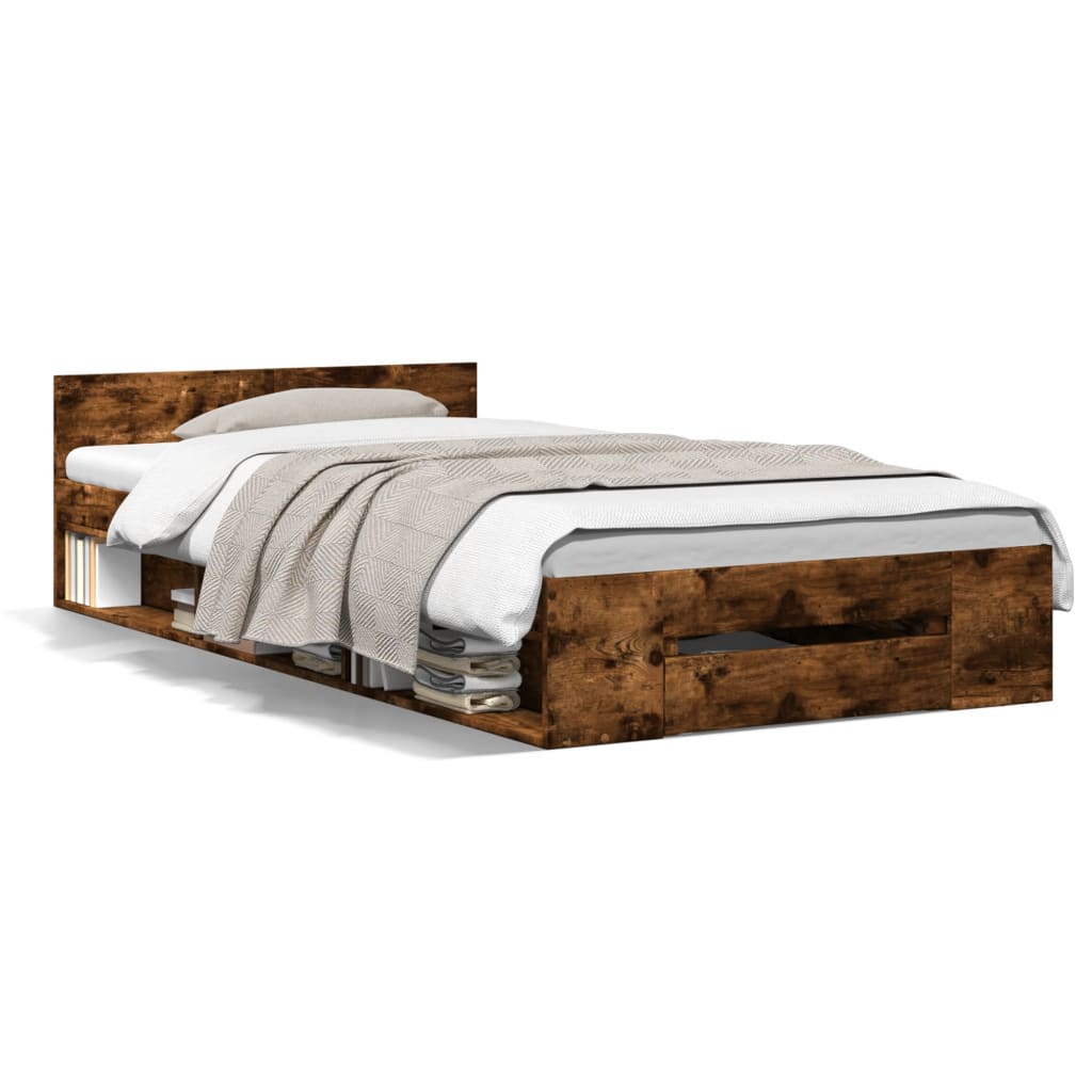 Bedframe met lade bewerkt hout gerookt eikenkleurig 90x190 cm Bedden & bedframes | Creëer jouw Trendy Thuis | Gratis bezorgd & Retour | Trendy.nl