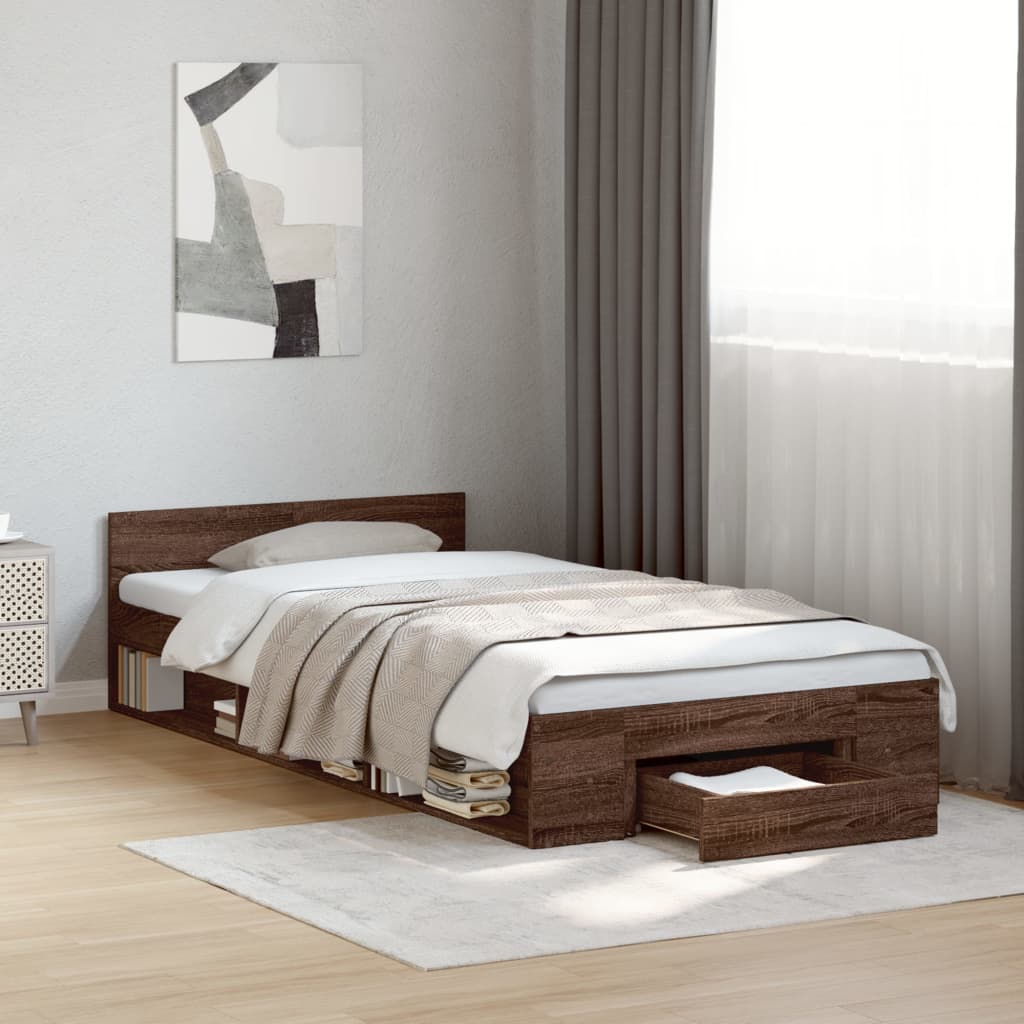 Bedframe met lade bewerkt hout bruin eikenkleurig 90x190 cm Bedden & bedframes | Creëer jouw Trendy Thuis | Gratis bezorgd & Retour | Trendy.nl