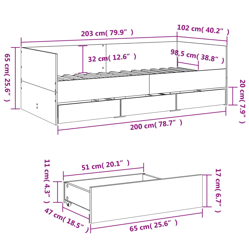 Slaapbank met lades 100x200 cm bewerkt hout grijs sonoma eiken Bedden & bedframes | Creëer jouw Trendy Thuis | Gratis bezorgd & Retour | Trendy.nl