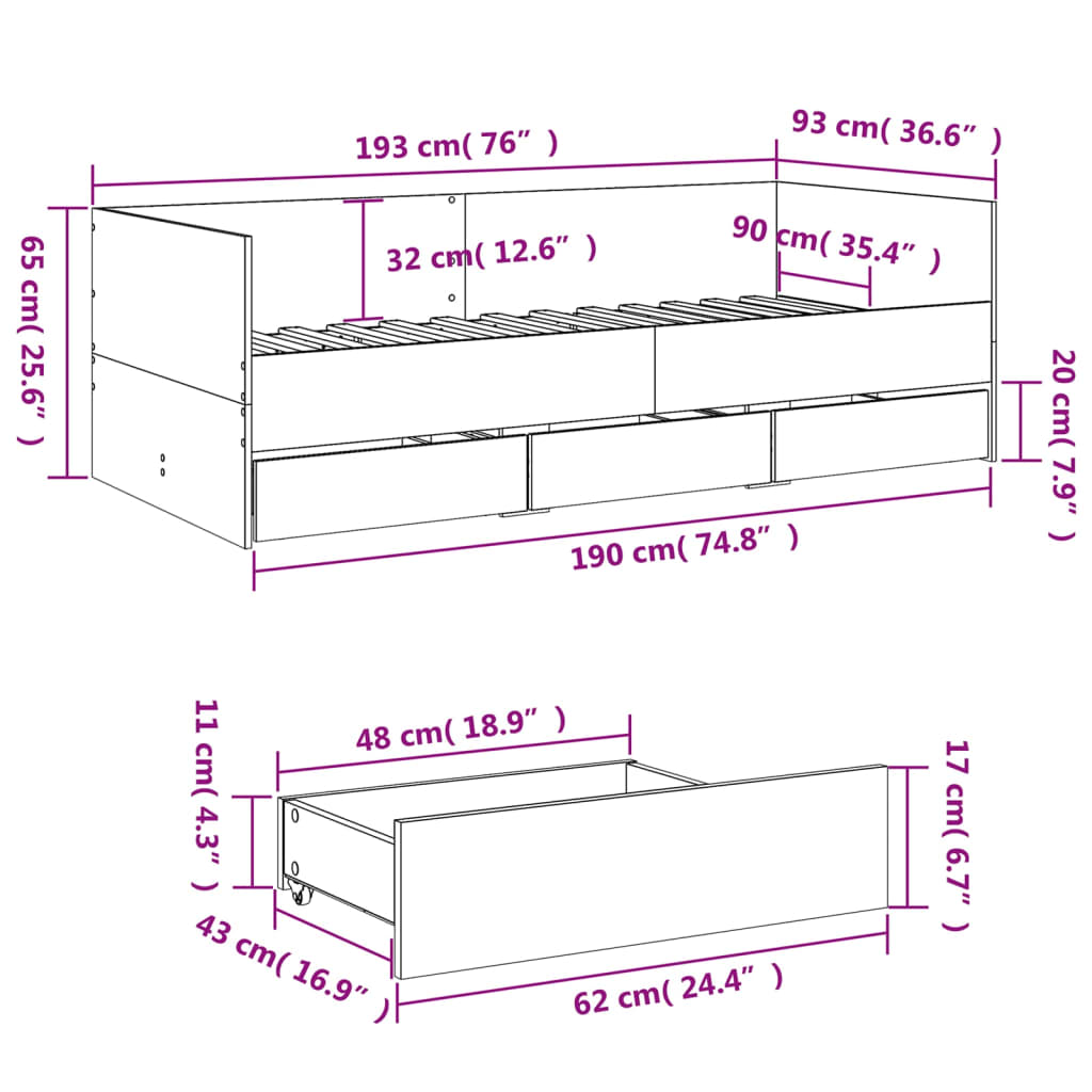 Slaapbank met lades 90x190 cm bewerkt hout zwart Bedden & bedframes | Creëer jouw Trendy Thuis | Gratis bezorgd & Retour | Trendy.nl