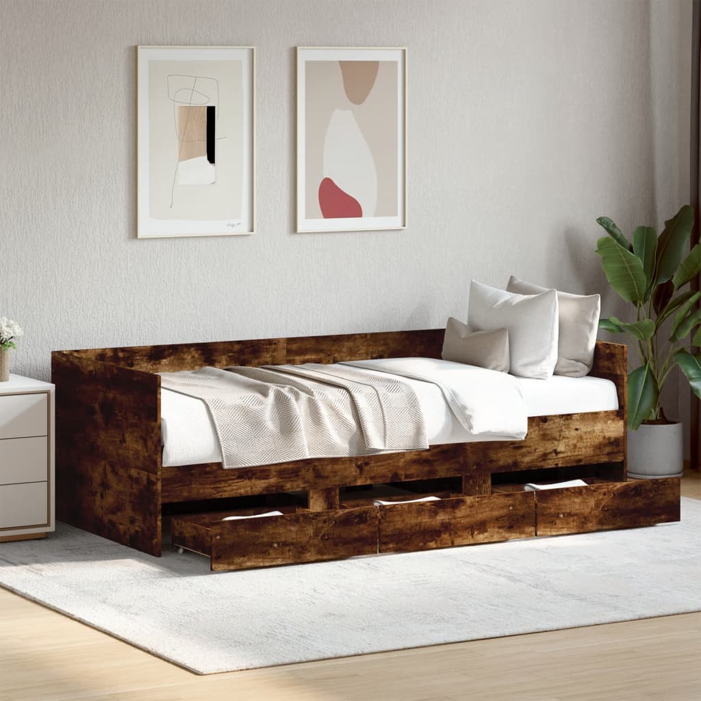 Slaapbank met lades 90x190 cm bewerkt hout gerookt eikenkleurig Bedden & bedframes | Creëer jouw Trendy Thuis | Gratis bezorgd & Retour | Trendy.nl