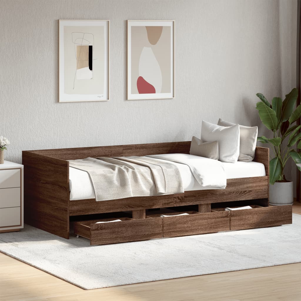 Slaapbank met lades 90x190 cm bewerkt hout bruin eikenkleurig Bedden & bedframes | Creëer jouw Trendy Thuis | Gratis bezorgd & Retour | Trendy.nl