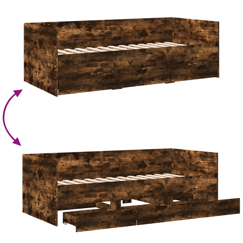 Slaapbank met lades 75x190 cm bewerkt hout gerookt eikenkleurig Bedden & bedframes | Creëer jouw Trendy Thuis | Gratis bezorgd & Retour | Trendy.nl