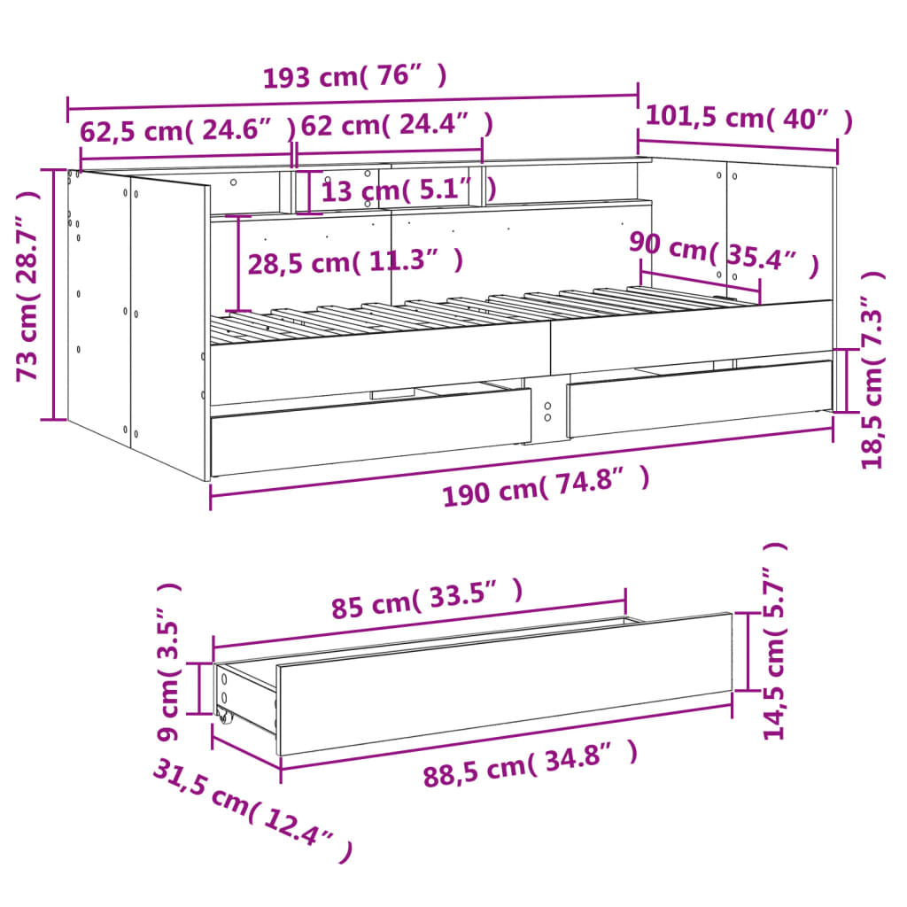 Slaapbank met lades 90x190 cm bewerkt hout gerookt eikenkleurig Bedden & bedframes | Creëer jouw Trendy Thuis | Gratis bezorgd & Retour | Trendy.nl