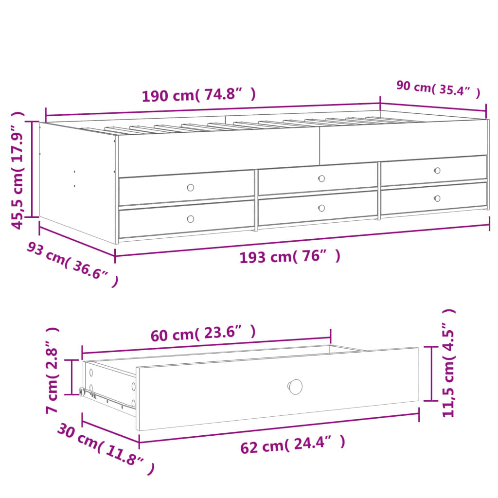 Slaapbank met lades 90x190 cm bewerkt hout gerookt eikenkleurig Bedden & bedframes | Creëer jouw Trendy Thuis | Gratis bezorgd & Retour | Trendy.nl