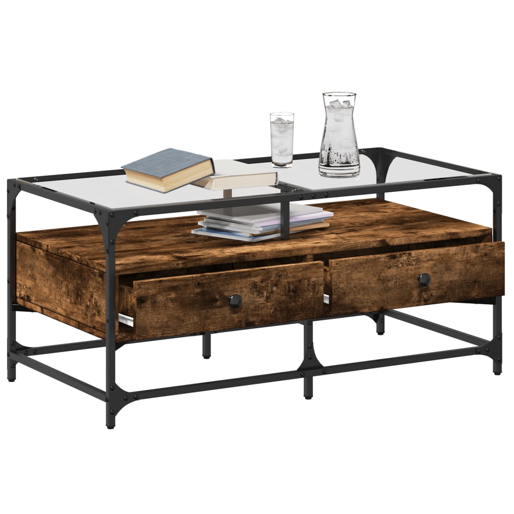 Salontafel met glazen blad 98,5x50x45 cm gerookt eiken staal Salontafels | Creëer jouw Trendy Thuis | Gratis bezorgd & Retour | Trendy.nl