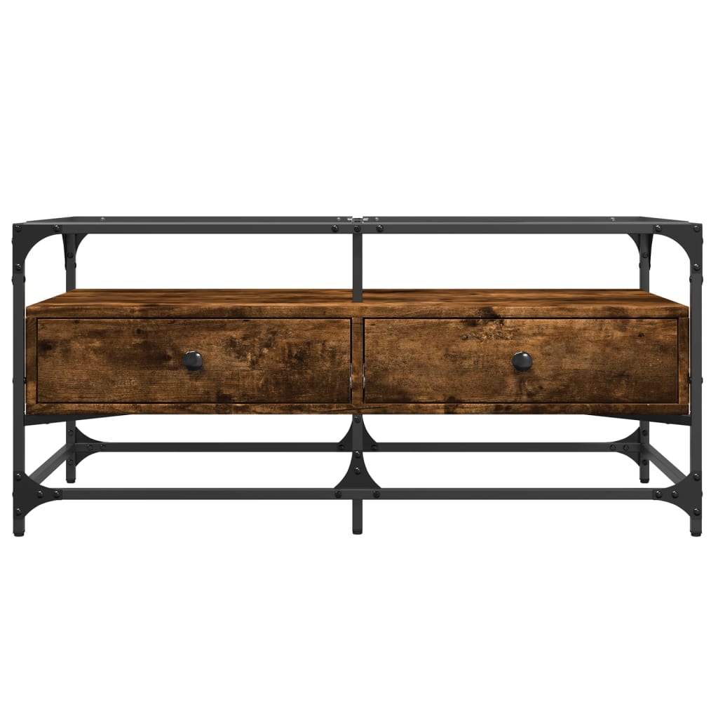 Salontafel met glazen blad 98,5x50x45 cm gerookt eiken staal Salontafels | Creëer jouw Trendy Thuis | Gratis bezorgd & Retour | Trendy.nl