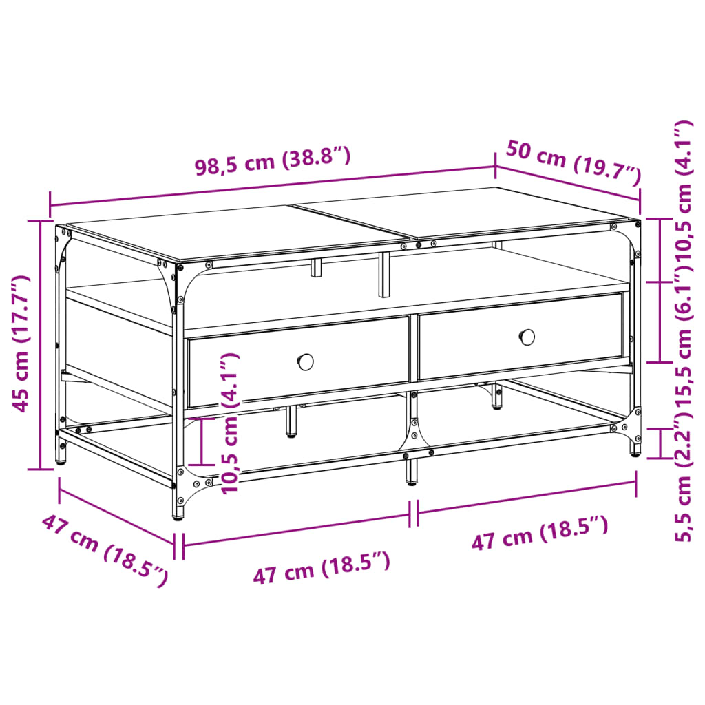 Salontafel met glazen blad 98,5x50x45 cm gerookt eiken staal Salontafels | Creëer jouw Trendy Thuis | Gratis bezorgd & Retour | Trendy.nl